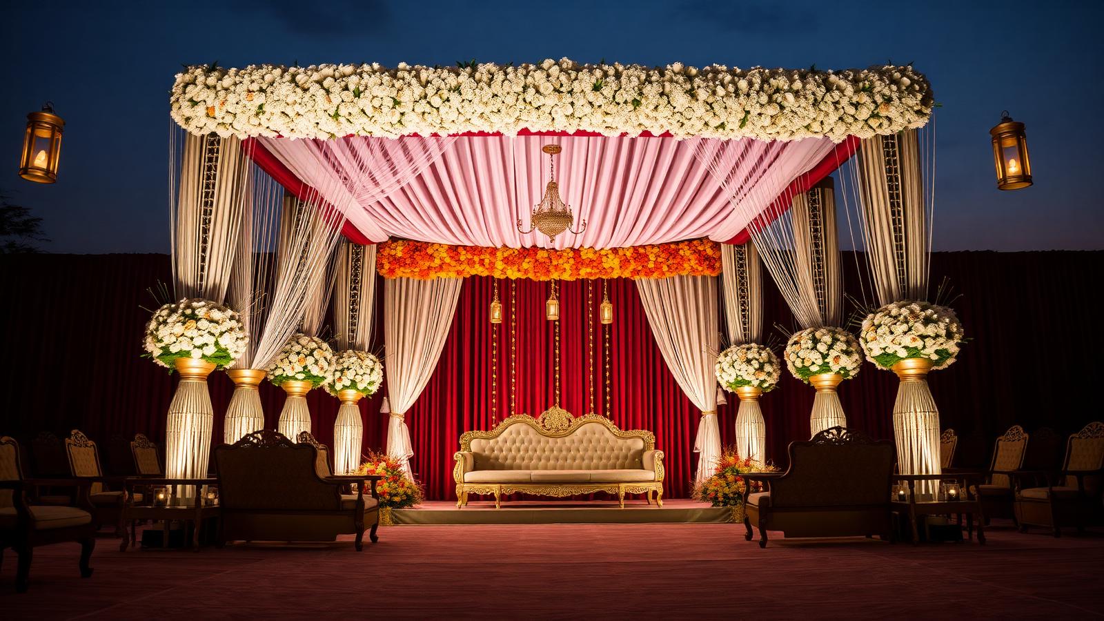 Marigold and white floral mandap set design with brass lanterns at dusk